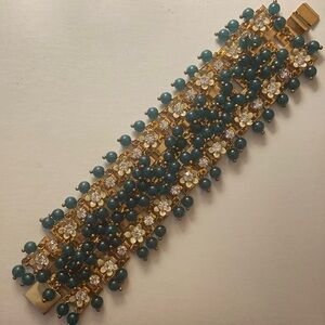 🌺J.Crew chunky Beaded Daisy bracelet Green Hues Gold Crystal Enamel approx 7.5”